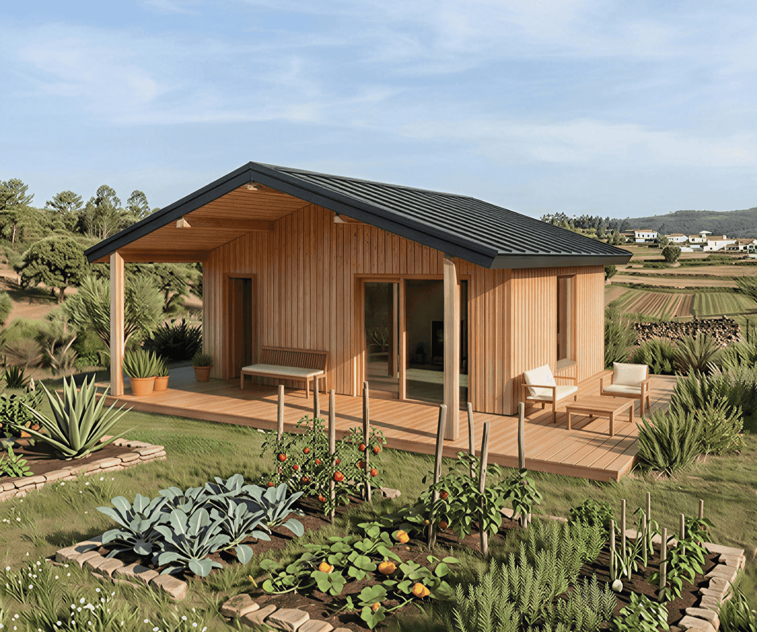 Mini casa pré-fabricada em madeira com pérgola