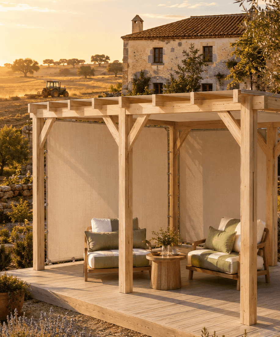 Freestanding Lounge Pavilion with walls and roof made of sun-protective fabric
