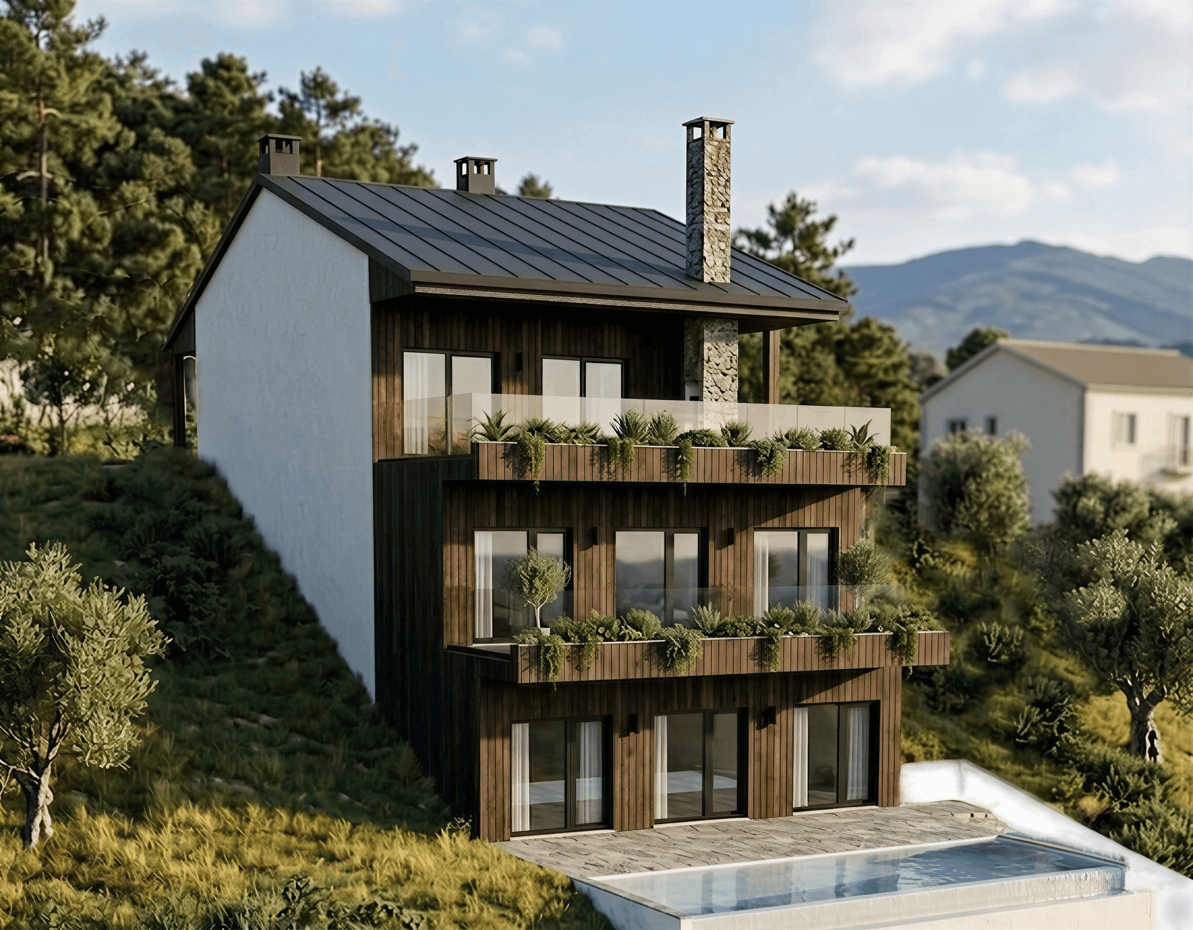 modular house installation Portugal fast on-site construction, custom home, on the hill, pool, turnkey